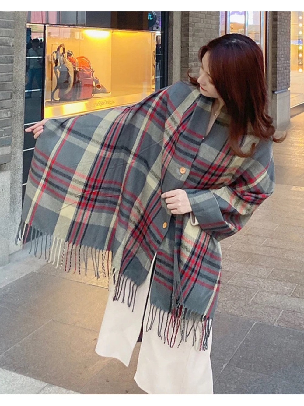 Plaid Fringe Wrap Scarf in Gray, Red & Cream